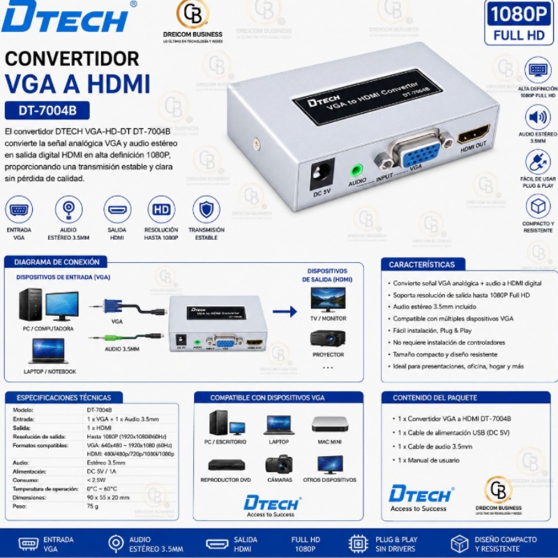 CONVERTIDOR VGA A HDMI DTECH VGA-HD-DT DT-7004B