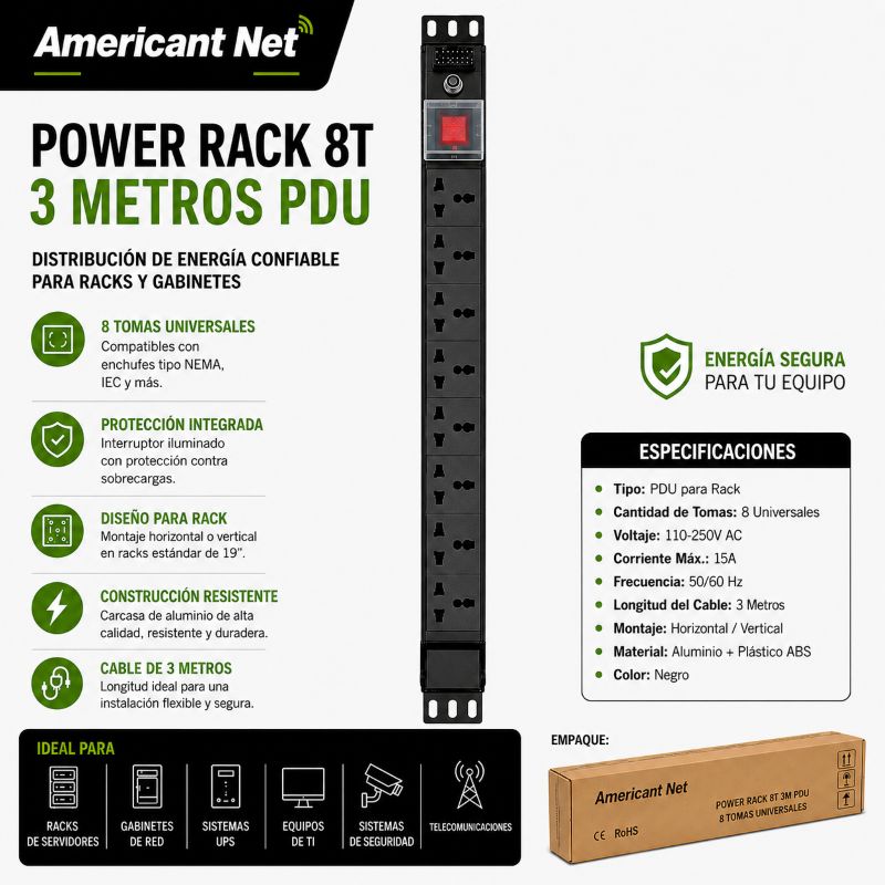 POWER RACK 8T AMERICAN NET 3MTS PDU