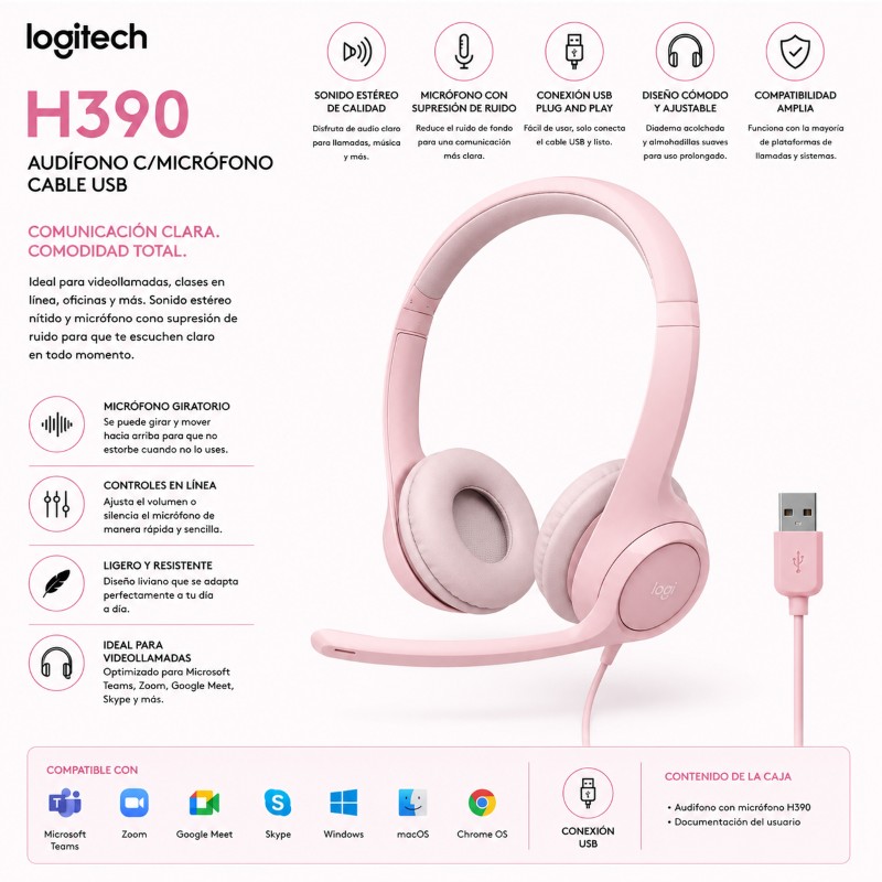 AUDIFONO C/MICROFONO CABLE USB ROSADO LOGITECH H390