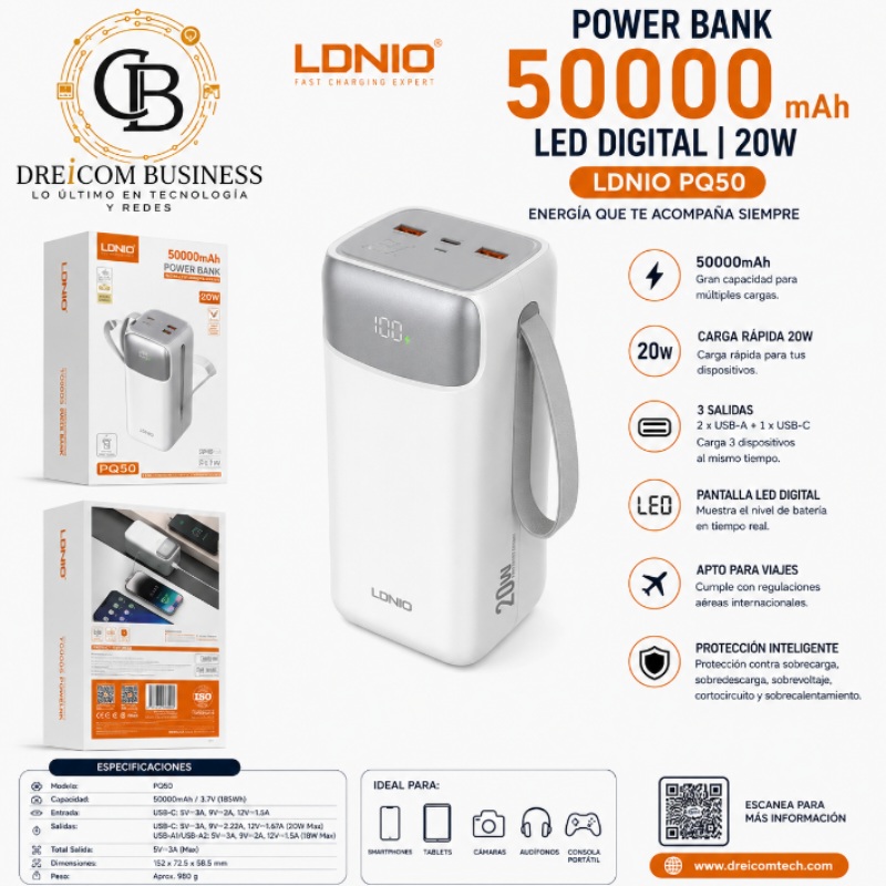 POWER BANK 50000MAH LED DIGITAL 20W LDNIO PQ50