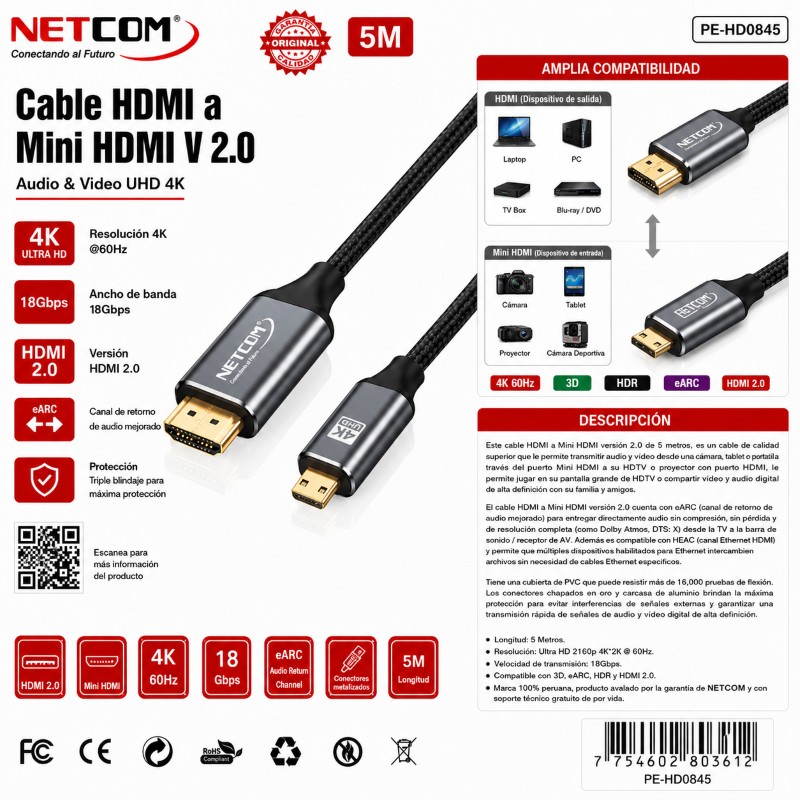 CABLE HDMI A MINI HDMI V 2.0 4K 5 M 60HZ NETCOM PE-HD0845 MICROHD-HD-5M-NET