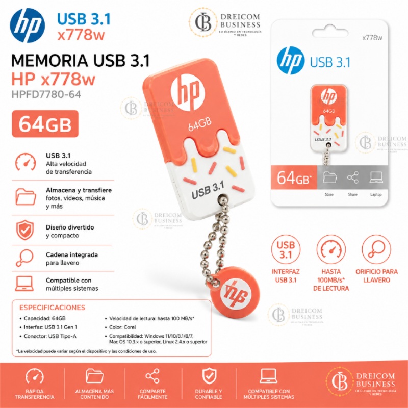 MEMORIA HP USB 3.1 X778W 64 GB CORAL HPFD7780-64