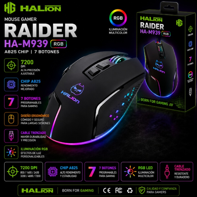 MOUSE GAMER HALION RAIDER HA M939 RGB A825 CHIP 7B