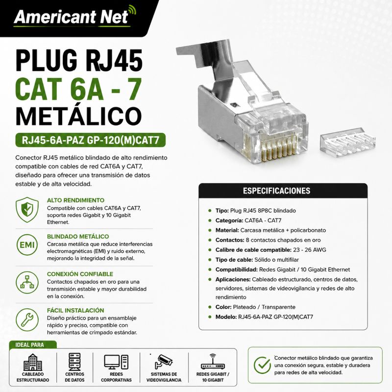 PLUG RJ45 CAT 6A - 7 METALICO AMERICANNET RJ45-6A-PAZ GP-120(M)CAT7