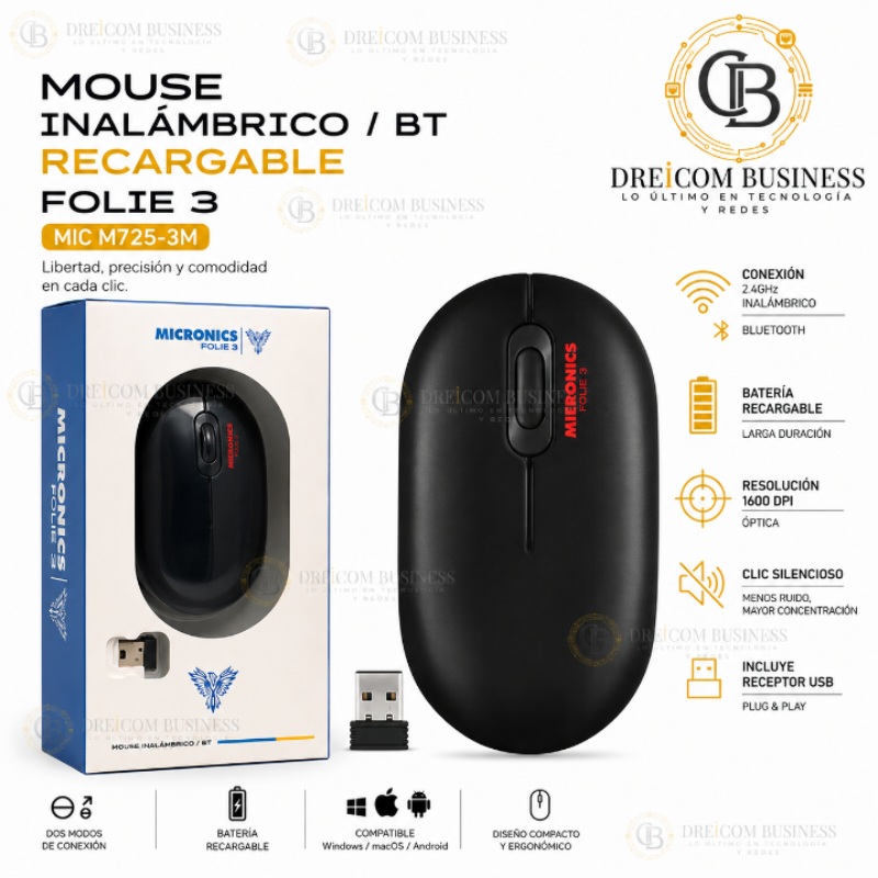 MOUSE INHALAMBRICO/BT RECARGABLE FOLIE 3 MICRONICS MIC M725-3M