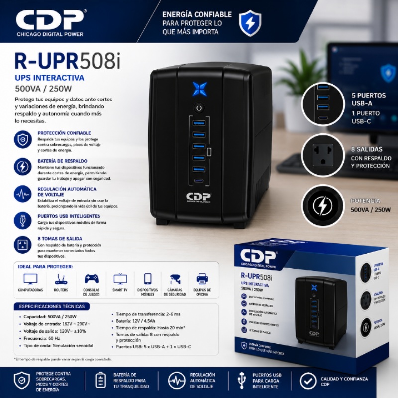 UPS 500VA - 250W 8 SALIDAS / 5 PORT USB / 1 TIPO C / AUTONOMIA 20MIN BLACK CDP R-UPR508I