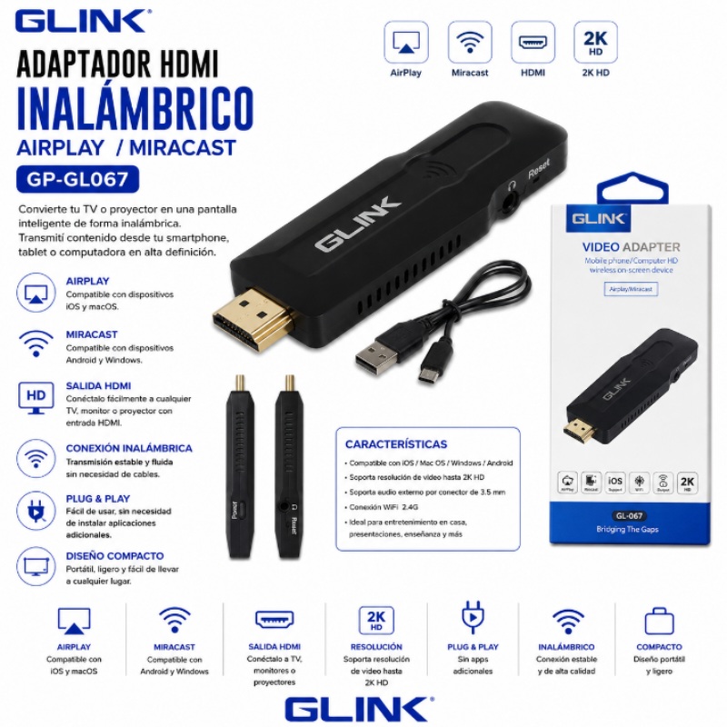 ADAPTADOR HDMI INHALAMBRICO AIRPLAY/MIRACAST GLINK GP-GL067