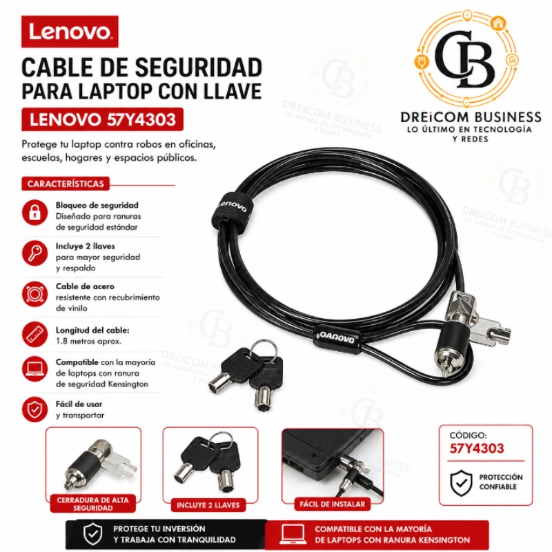 CABLE DE SEGURIDAD PARA LAPTOP CON LLAVE LENOVO 57Y4303