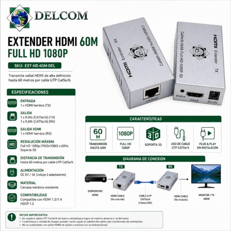 EXTENDER HDMI 60M FULL HD 1080P DELCOM