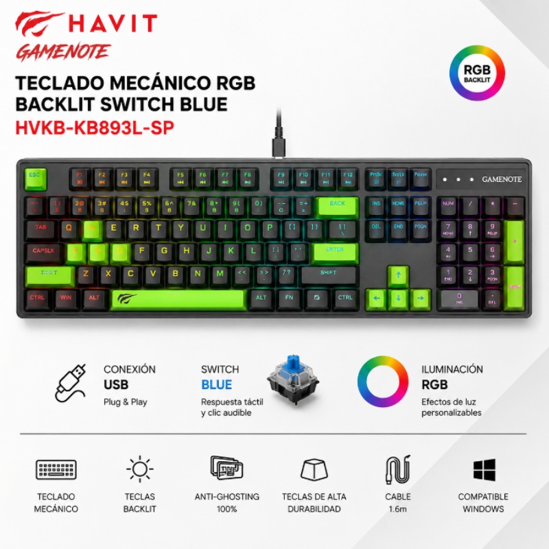 TECLADO MECANICO RGB BACKLIT SWITCH BLUE HAVID GAMENOTE HVKB-KB893L-SP