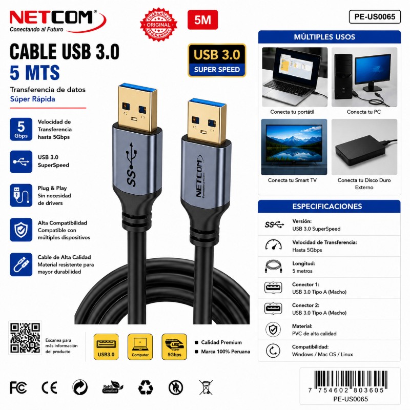 CABLE USB 3.0 5 MTS NETCOM PE-US0065 USB-3.0--5M-NET
