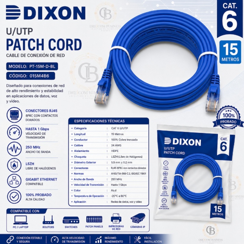 PATCH CORD DIXON 15 MTS CAT 6 AZUL URT46F4U 15M4B6 PT-15M-D-BL