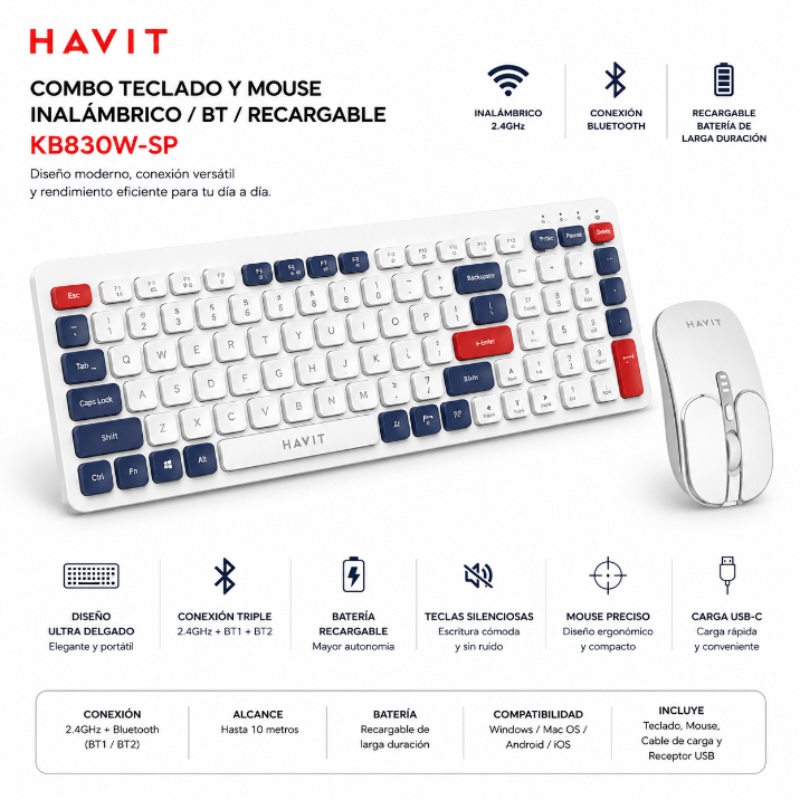 COMBO TECLADO Y MOUSE INALAMBRICO/BT/RECARGABLE OFFICE KB830W-SP HAVIT