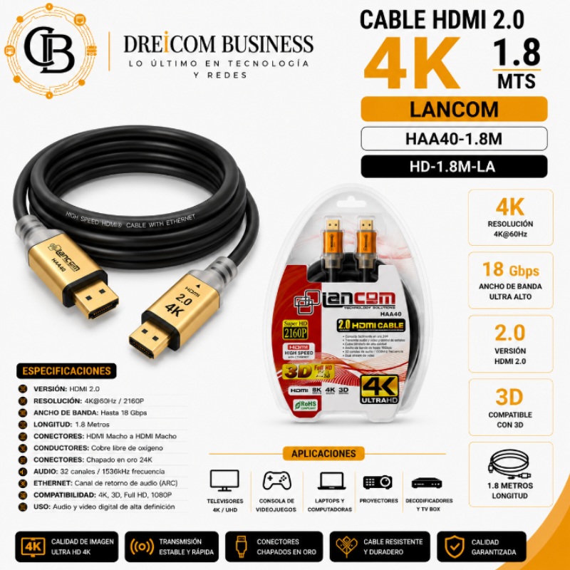CABLE HDMI 2.0 4K 1.8 MTS LANCOM HA001-1.8M HD-1.8M-LA