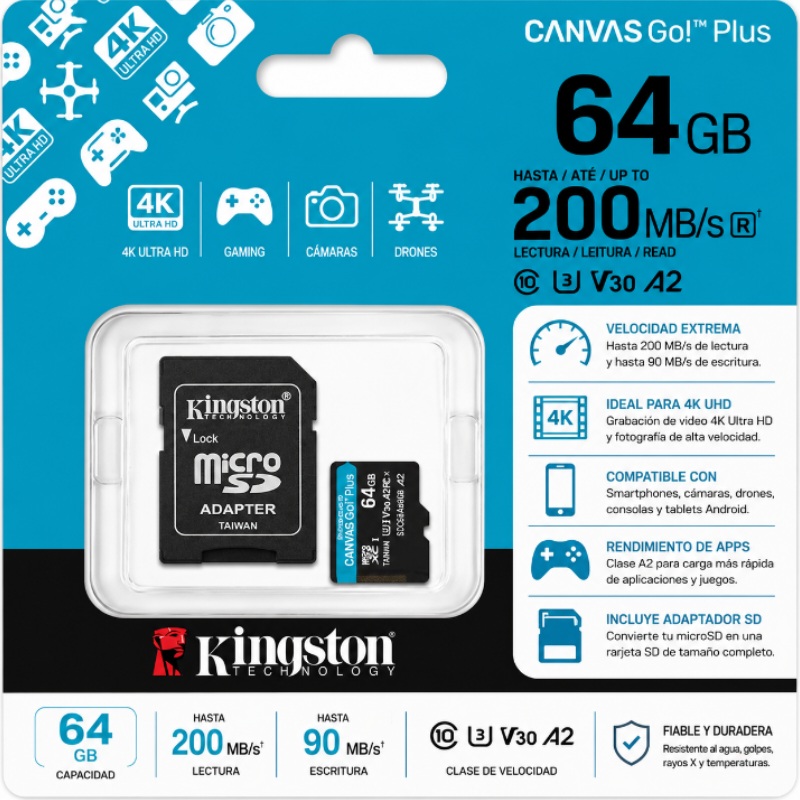 MICRO SD 64GB CANVAS GO PLUS 200 MB/S KINGSTON SDCG4/64GB