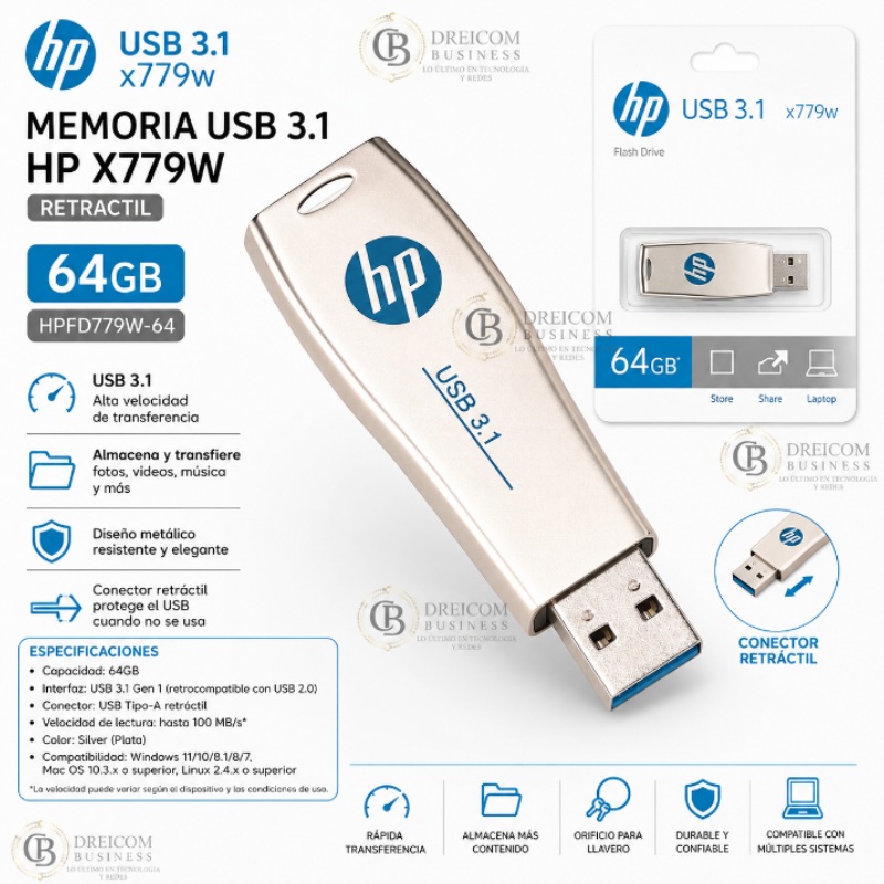 MEMORIA HP USB 3.1 X779W 64GB RETRACTIL SILVER HPFD779W-64