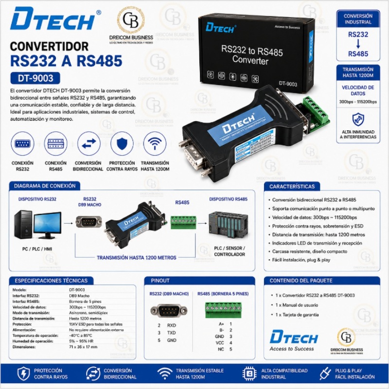CONVERTIDOR RS232 A RS485 DTECH DT-9003