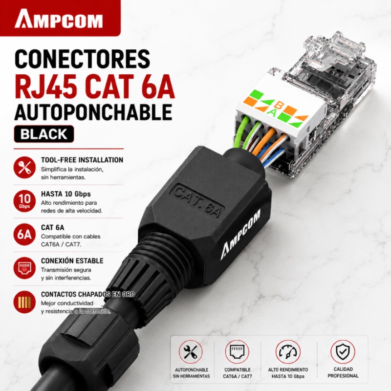 CONECTORES RJ45 CAT 6A AUTOPONCHABLE BLACK AMPCOM