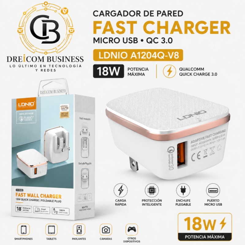 CARGADOR MICRO USB QC 3.0 FAST LDNIO A1204Q-V8