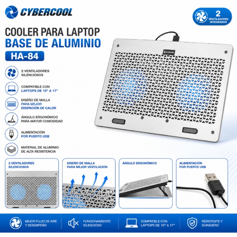 COOLER PARA LAPTOP BASE DE ALUMINIO CYBERCOOL HA-84