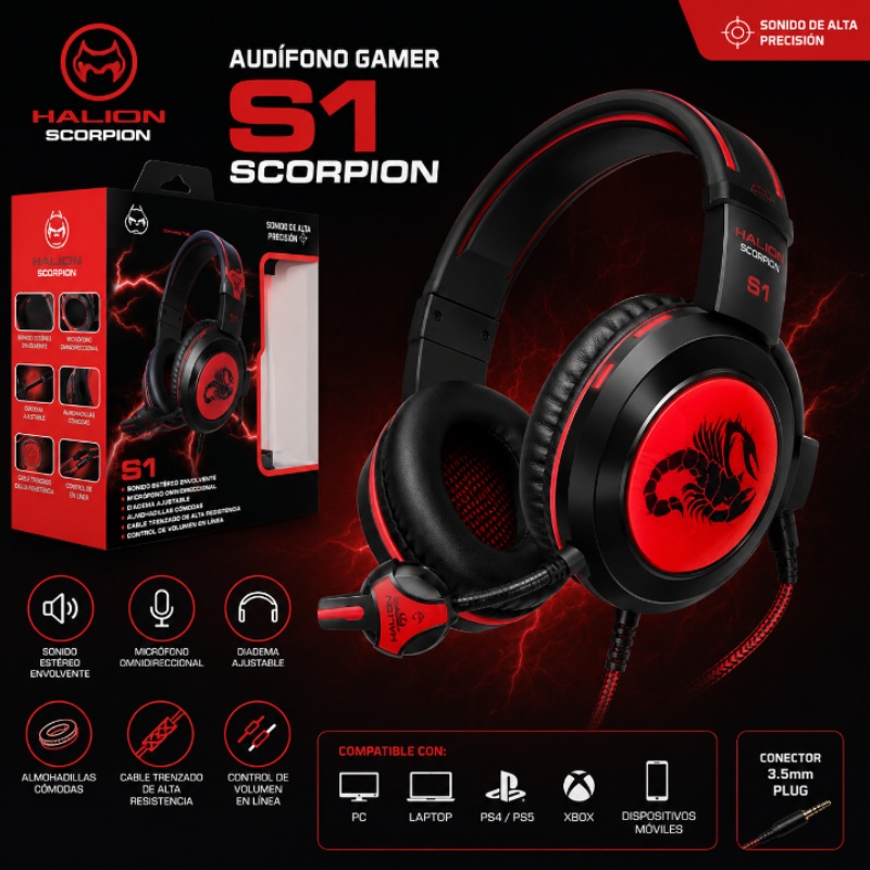 AUDIFONO GAMER HALION S1 SCORPION NEGRO/ROJO