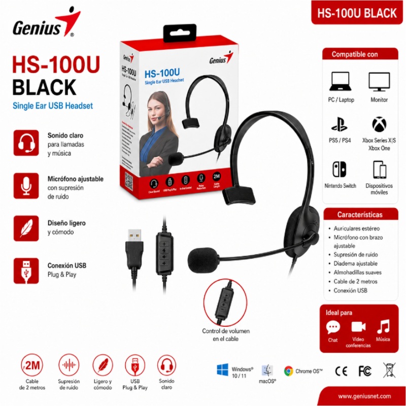 AUDIFONO CON MICROFONO USB HS-100U BLACK GENIUS