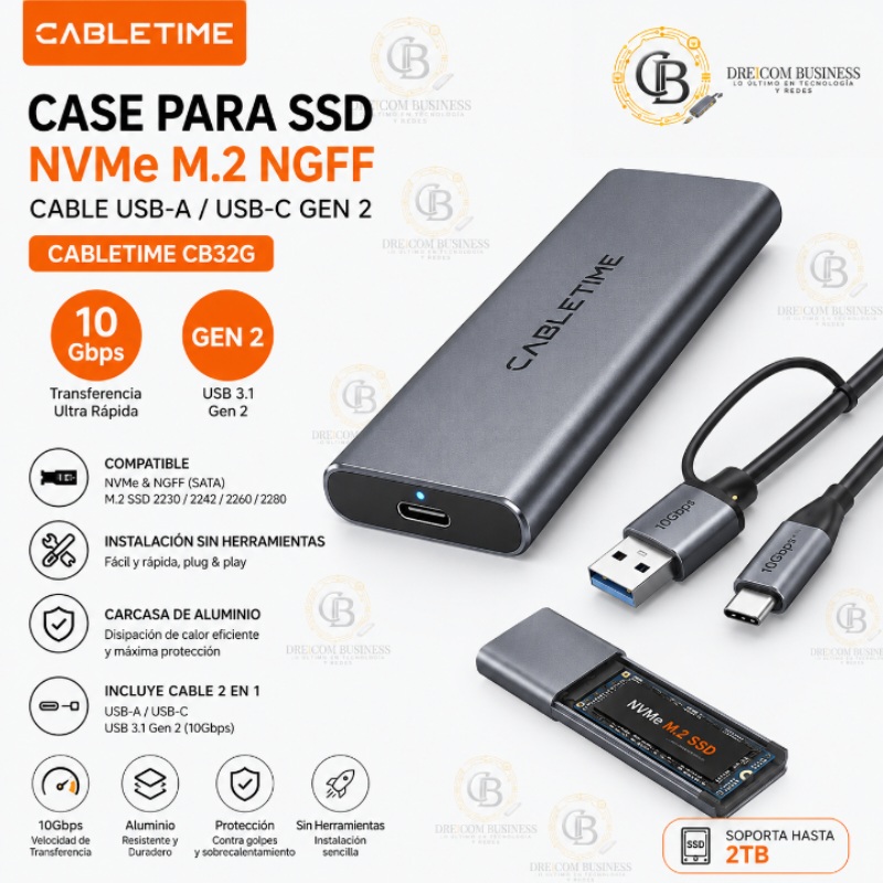 CASE PARA SSD NVME M.2 NGFF CABLE USB-A/USB-C GEN 2 CABLETIME CB32G