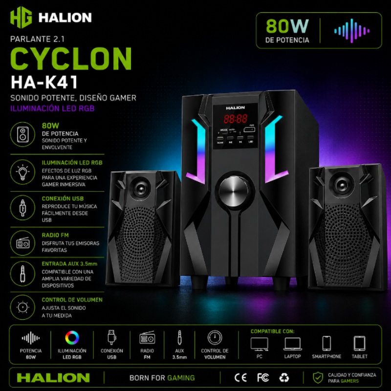 PARLANTE 2.1 80W RGB CYCLON HALION HA-K41