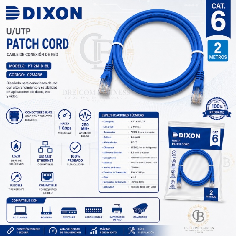 PATCH CORD DIXON 2 MTS CAT 6 AZUL PT-2M-D-BL