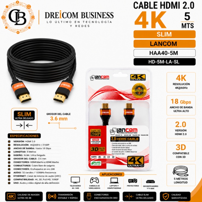CABLE HDMI 2.0 4K 5 MTS SLIM LANCOM HAA90-5M HD-5M-LA-SL