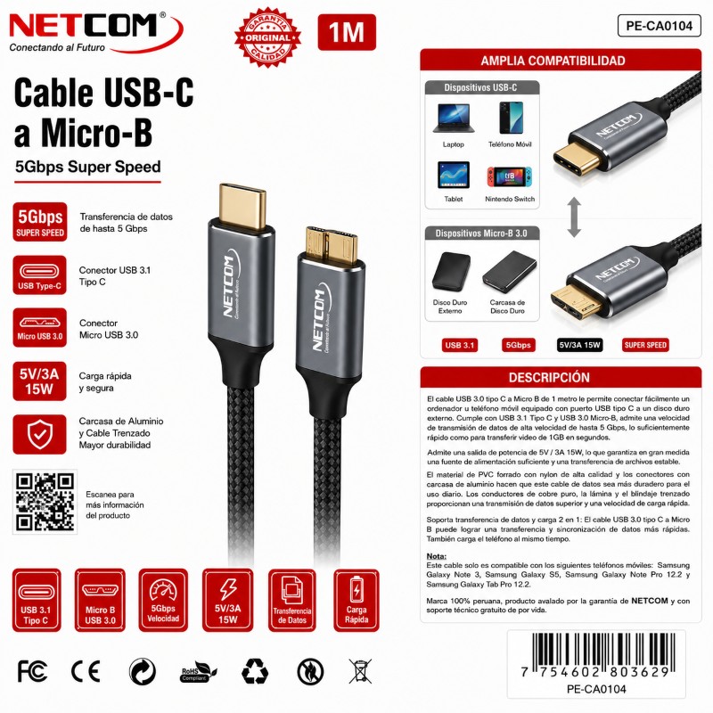 CABLE USB C A MICRO B 1M NETCOM PE-CA0104