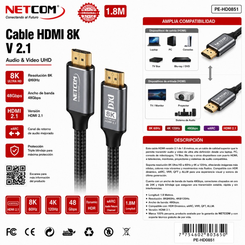 CABLE HDMI 8K 2.1 1.8 MTS NETCOM PE-HD0851 HD-1.8M-8K-NET