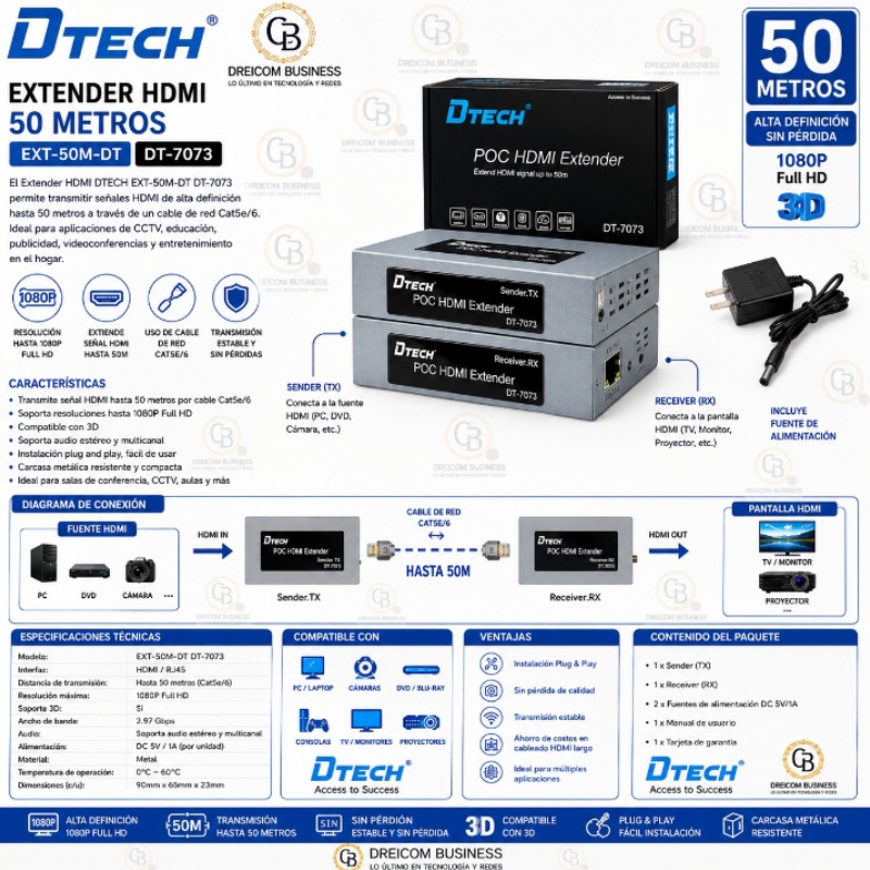 EXTENDER HDMI 50 MTS D TECH EXT-50M-DT DT-7073