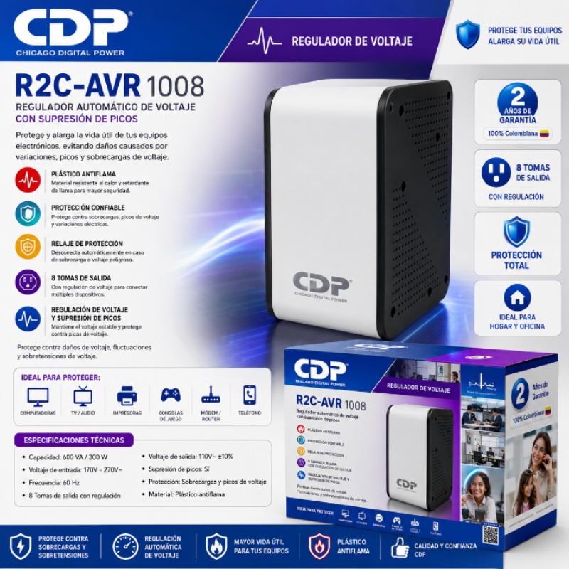 ESTABILIZADOR CDP 8 TOMAS 600W R2C-AVR1008I
