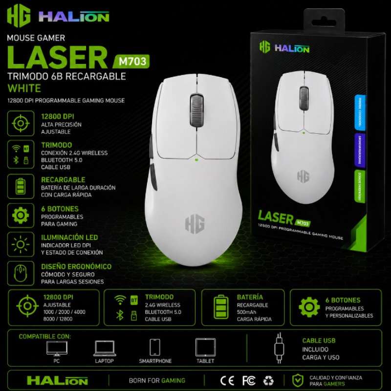 MOUSE GAMER TRIMODO 6B RECARGABLE WHITE LASER HALION M703