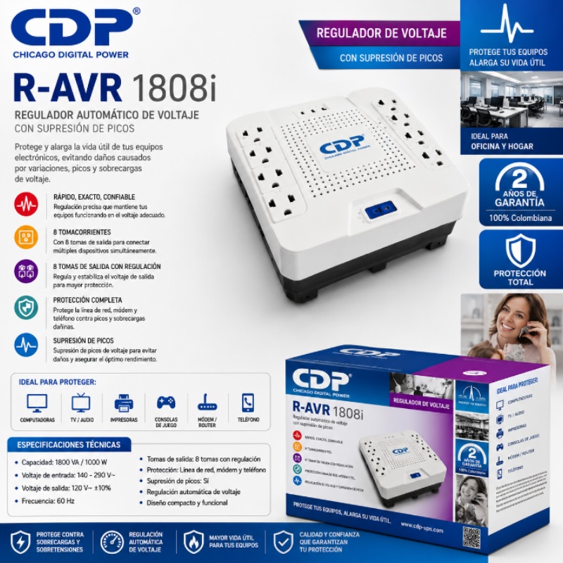 ESTABILIZADOR CDP 8 TOMAS 1800VA 1000W R-AVR1808I