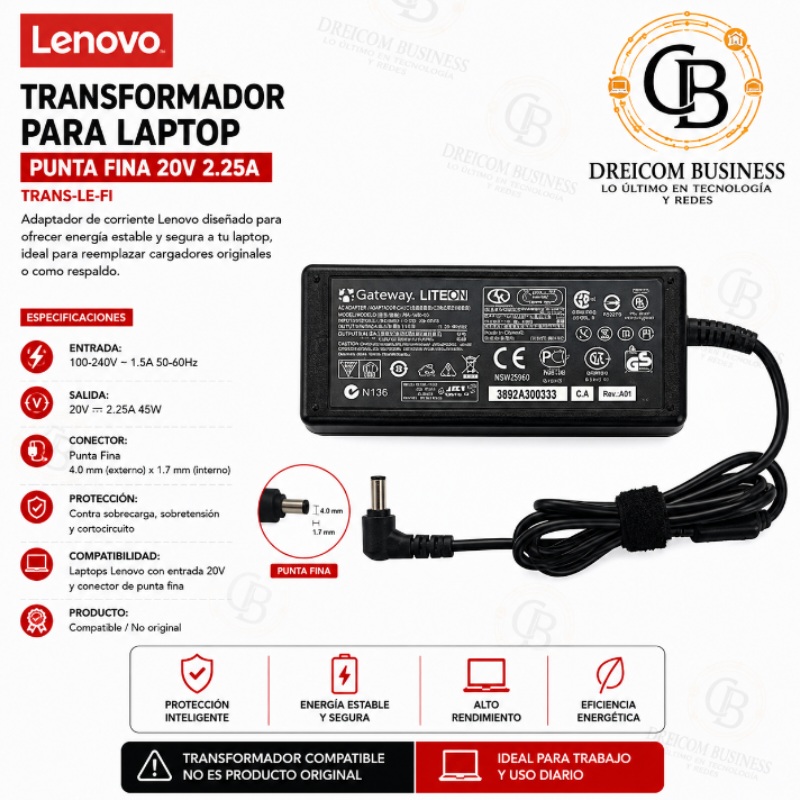 TRANSFORMADOR PARA LAPTOP LENOVO P FINA 20V 2.25 A TRANS-LE-FI