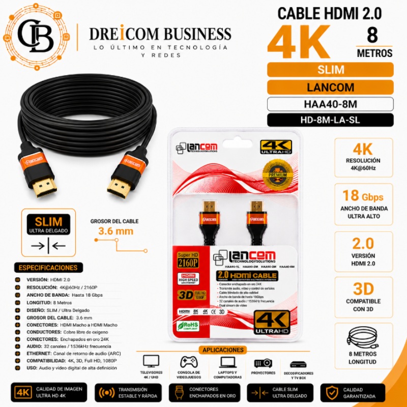 CABLE HDMI 2.0 4K 8 MTS SLIM LANCOM HAA90-8M HD-8M-LA-SL