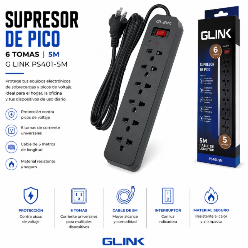 SUPRESOR DE PICO 6 TOMAS 5M G LINK PS401-5M