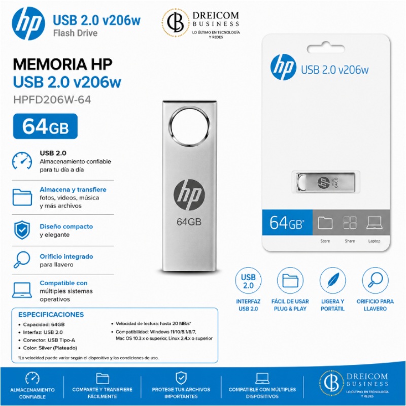 MEMORIA HP USB V206W 64GB 2.0 SILVER - HPFD206W-64