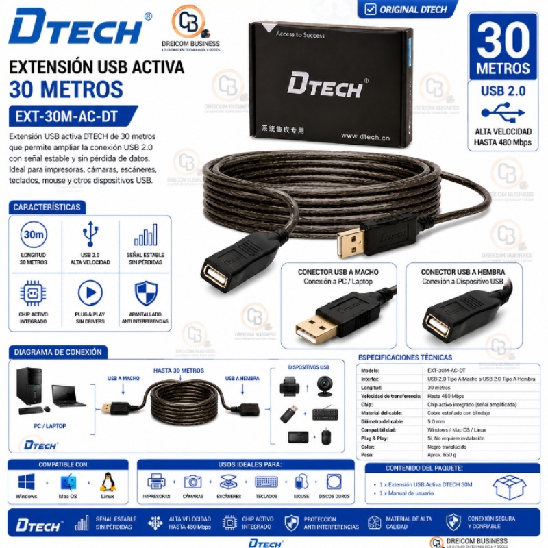 EXTENSION USB 30 MTS ACTIVO DTECH EXT-30M-AC-DT