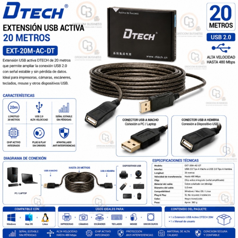 EXTENSION USB 20 MTS ACTIVO DTECH EXT-20M-AC-DT
