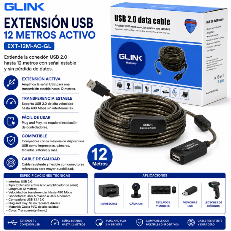 EXTENSION USB 12 MT ACTIVO G LINK EXT-12M-AC-GL