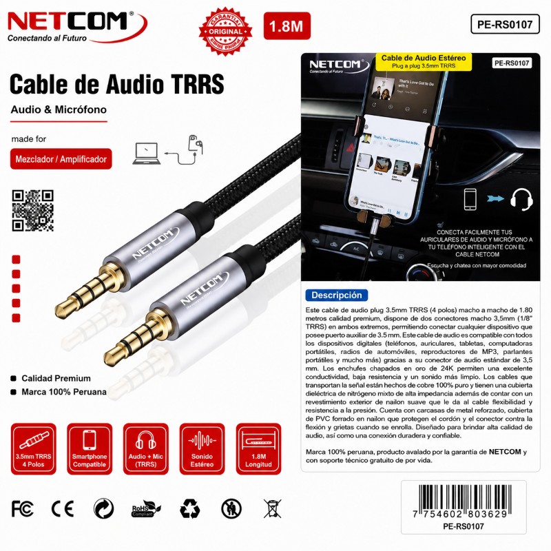 CABLE DE AUDIO TRRS 3.5MM A 3.5MM1.80 MTS - NETCOM PE-RS0107