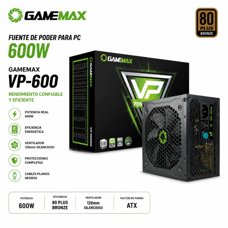 FUENTE DE PODER PARA PC 600W 80 PLUS BRONZE GAMEMAX