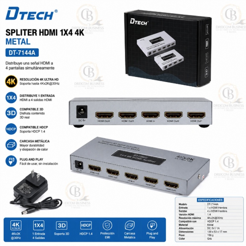 SPLITER HDMI 1X4 4K METAL DTECH DT-7144A