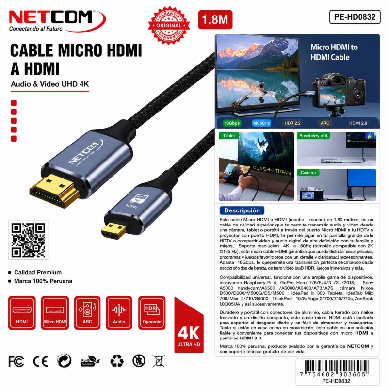 CABLE MICRO HDMI A HDMI 4K 1.8 MTS NETCOM PE-HD0849 PE-HD0832