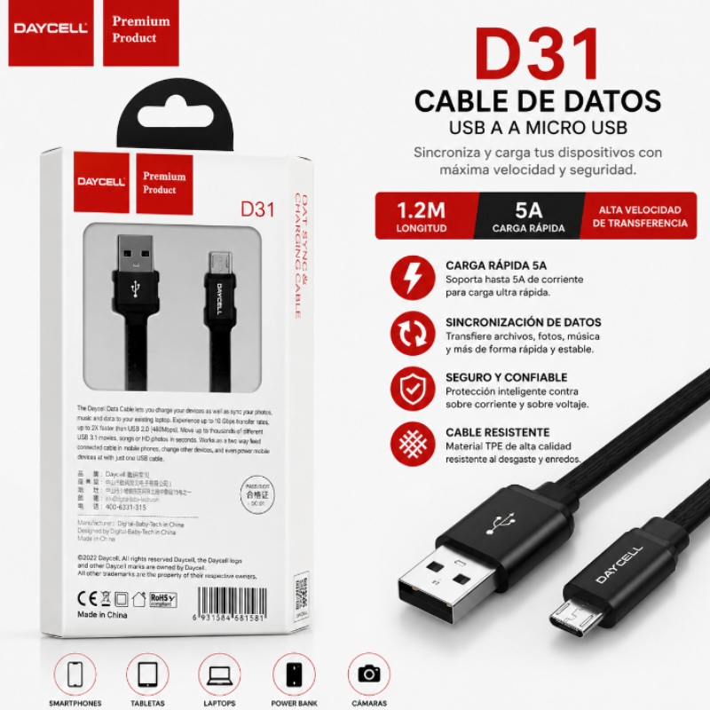 CABLE TIPO C 1.2M 5A NYLON DAYCELL D31