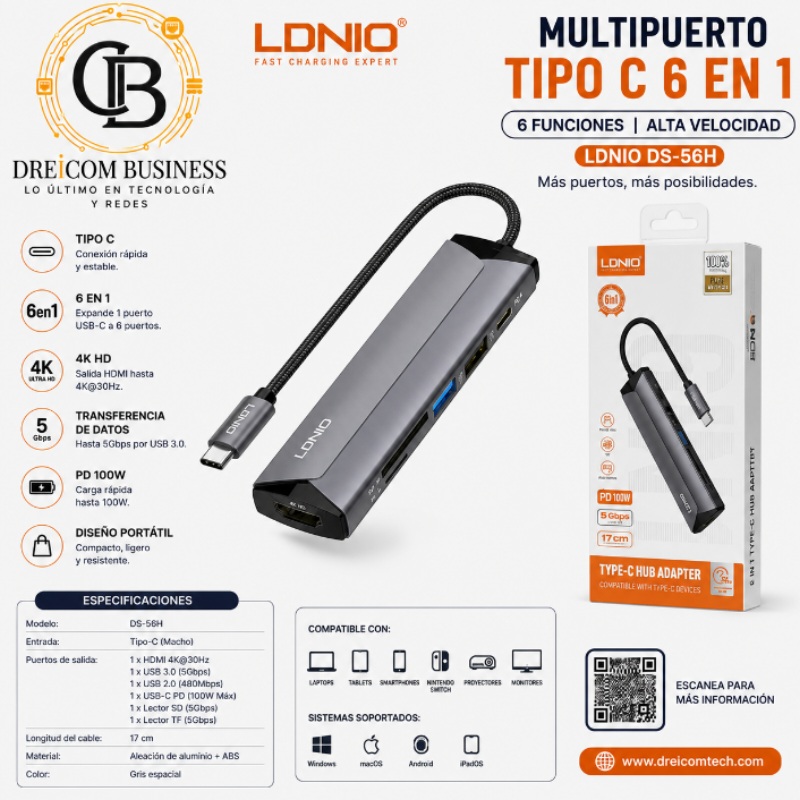 MULTIPUERTO TIPO C 6 EN 1 LDNIO DS-56H