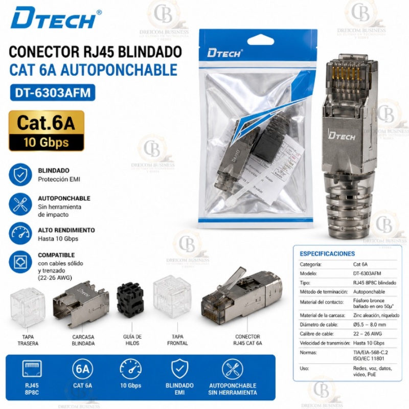 CONECTOR RJ45 BLINDADO CAT 6A AUTOPONCHABLE DTECH DT-6303AFM